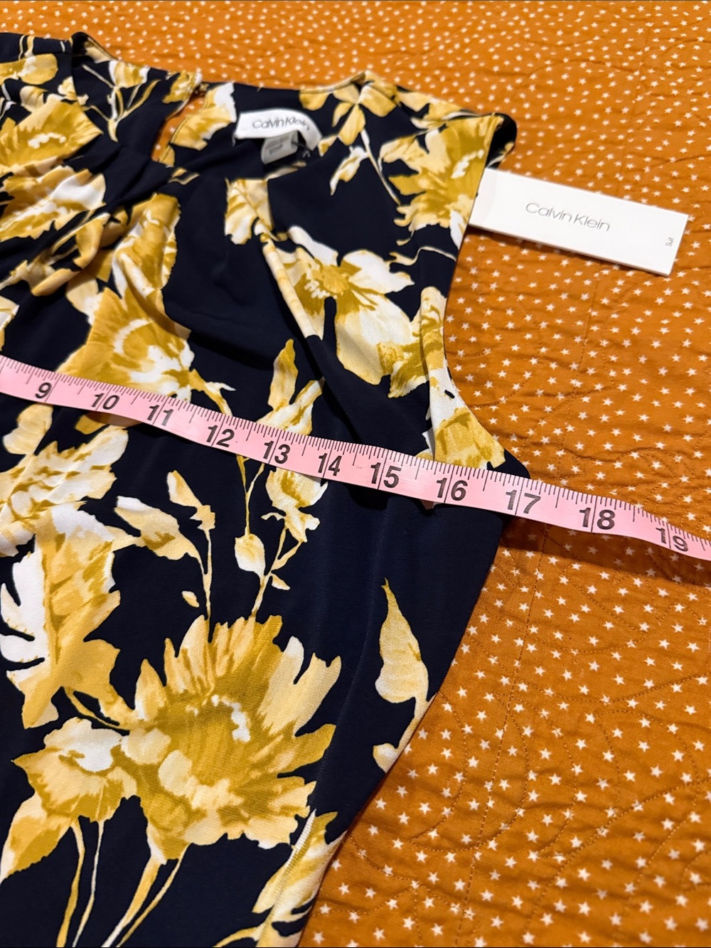 Calvin Klein Navy Floral Sleeveless Blouse with Mustard Yellow Flowers - Picture 5 of 7